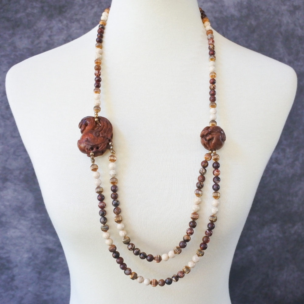 Vintage Chinese Animal Rooster & Ram Wood Carving Bead Necklace